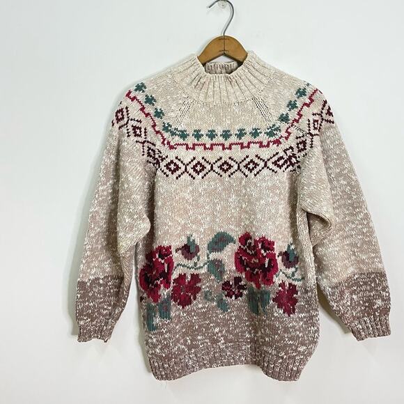 Vintage 90s Eddie Bauer Women’s Floral Rose Heavyweight Cotton Ragg Sweater sz M - Picture 10 of 11